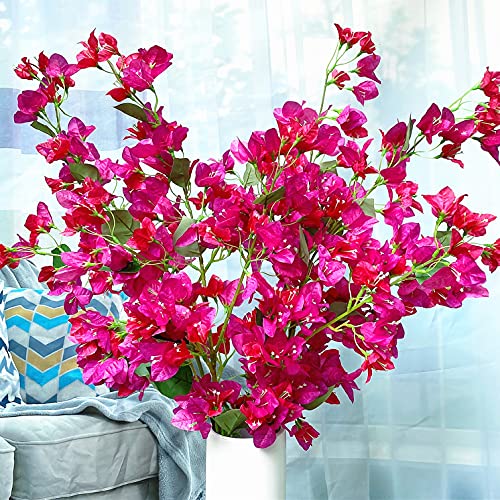 "Artificial Flowers Silk Bougainvillea Branches Faux Artificial Bougainvillea Floral Stems Long Plant Branches 45"" for Wedding Centerpieces, Table Runner, Home Decoration (Fushia Mixed - Pack of 4pcs)"