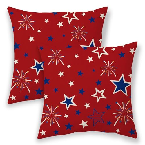 4th of July Pillow Covers 20x20, Red Memorial Day Patriotic Outdoor Decorative Throw Pillows for Couch, Blue White Star Decor Cushion Cover 2 Pcs American Flag Linen Pillowcase for Bed Car Safa