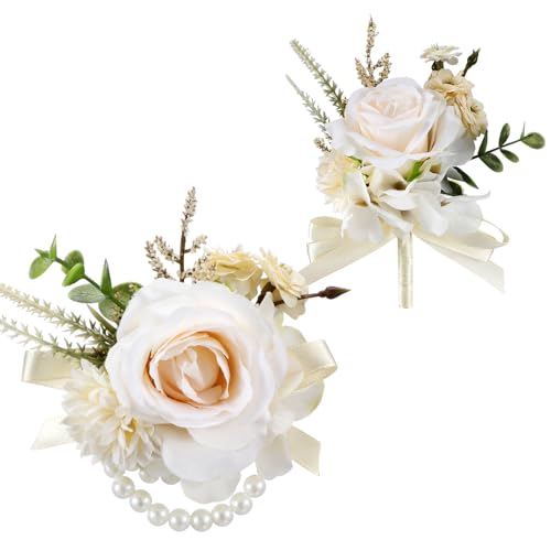 Canlierr 2 Pcs Lvory White Mens Boutonniere for Wedding White Wrist Corsage Double Pearl Bracelets Corsage and Boutonniere Set for Wedding Prom Party Artificial Flowers Ceremony Accessories Decor Suit