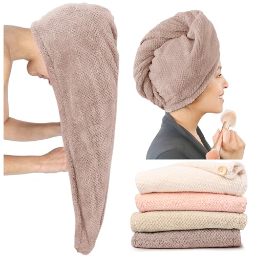 ROLSHOL Extra Large 4 Pack Microfiber Hair Towel Wrap for Women Super Absorbent & Quick Dry Hair Drying Towels with Button, Hair Turbans for Curly Hair Long & Short Hair - Anti-Frizz (Pink Pinstripe)