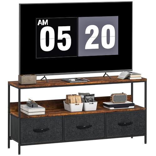 HOMCOM TV Stand Cabinet up to 55-inch, TV Unit with 3 Foldable Linen Drawers, Open Shelf for Living Room, Bedroom, Entertainment Room, Rustic Brown