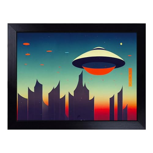 Lap Tray with Bean Bag Cushion, Ufo Art - Handmade in the UK, Raised Wooden Edge, Padded Cushion, Heat-Resistant Wipe-Clean Surface, for Meals, Laptops and Crafts