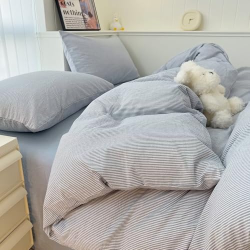 MKXI Ultra-Breathable Washed Cotton Duvet Cover Set, Full 3-Piece Set - Fine Blue & White Stripes - Textured, Comfy Bedding - Coastal, Farmhouse, Minimalist Style
