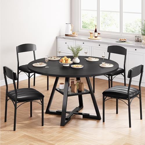 Jocoevol Round Dining Table and 4 Chairs Set of 4-6, Circle Dinner Table with Shelves, Space Saving Wood Kitchen & Dining Room Furniture (Black, 51 inch)