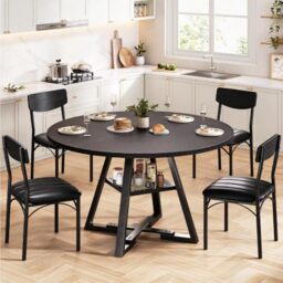 Jocoevol Round Dining Table and 4 Chairs Set of 4-6, Circle Dinner Table with Shelves, Space Saving Wood Kitchen & Dining Room Furniture (Black, 51 inch)