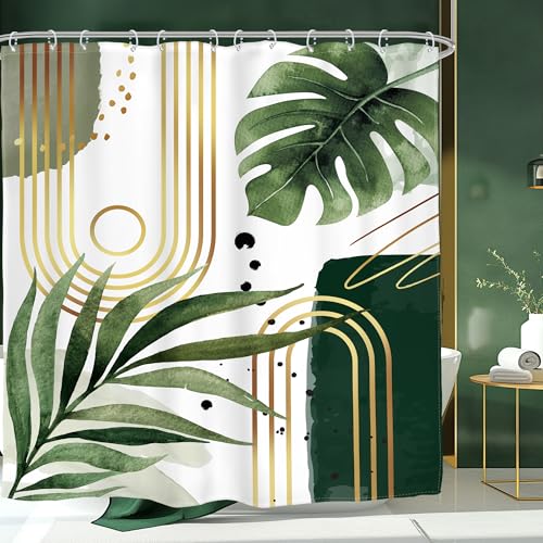 Green Gold Boho Shower Curtain Abstract Tropical Plant Bathroom Curtain Set - Mid Century Minimalist Modern Geometric Palm Leaf Arch Simple 72Wx72L Bathroom Decor Waterproof Fabric with Free Hooks