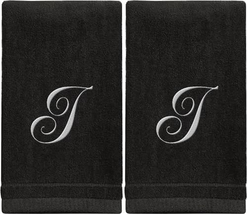 Monogrammed Towels Fingertip, Personalized Gift, 11 x 18 Inches - Set of 2 White Embroidered Towel - Extra Absorbent 100% Cotton - Soft Velour Finish - For Bathroom/Kitchen/Spa - Initial I (Black)