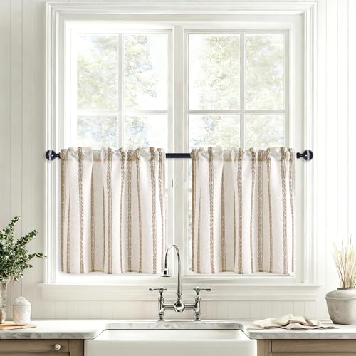 JIUZHEN Farmhouse Striped Linen Kitchen Curtains 2 Panels - Short Tier Drapes 24 Inch Length, Rod Pocket Rustic Window Treatment for Bathroom Living Room, Wheat Stripe Brown