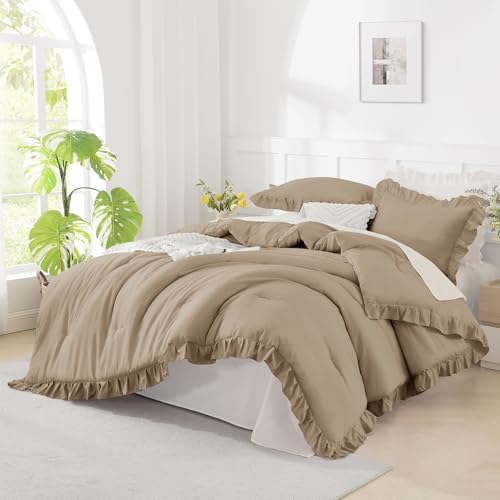 Andency Taupe King Size Comforter Set, 3 Pieces Solid Farmhouse Bedding - Shabby Chic All-Season Western Rustic Soft Down Alternative Bed Set for Adults