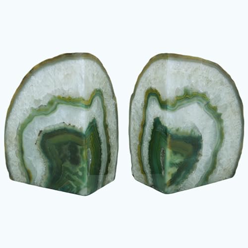 Nature's Decorations Agate Bookends - A+ Quality Green Geode Book Ends with Rubber Bumpers for Shelves, Office, Home Decor, Heavy Duty Cute Stone Bookend Pair for Decoration (4-6 LB)
