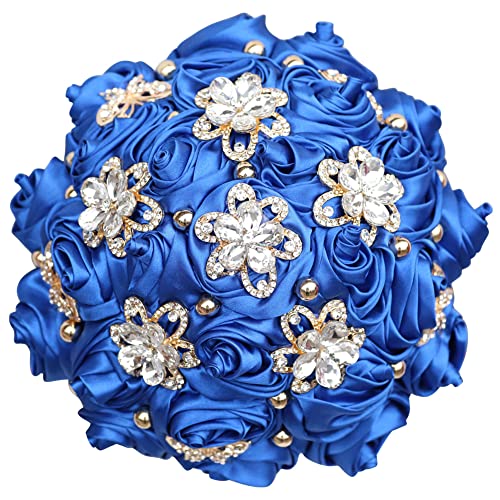 "Sharebeauty 8.3"" Handmade Satin Rose Bridal Bouquet Toss Round Wedding Bouquet Throw Toss Artificial Flower Bunch Royal Blue"