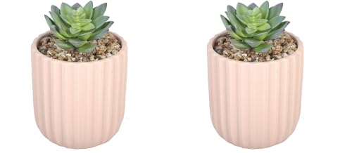 Sleepdown Halo Green Artificial Faux Plant Succulent Pink Textured Pot for Home Office Bathroom Decor Indoor Decoration Aesthetics, Small (Pack of 2)