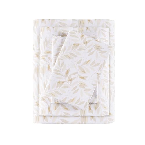 "Madison Park Essentials 100% Cotton Sheets, Breathable&Soft Cotton Bed Sheets, Printed Design, Elastic Pocket Cotton Sheet Set Fits Up to 17"" Mattress, All Season, Queen Tan Leaves 4 Piece"