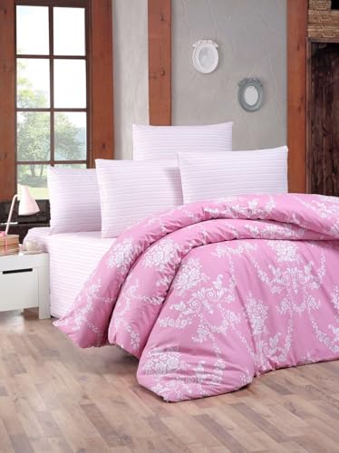 Nuit Des Rêves Ranforce Single XXL Quilt Cover Set, 100% Cotton, 155 x 220 cm, Pink & White, Machine Washable, 145 Thread Count, Button Closure, Soft & Stylish Bedding