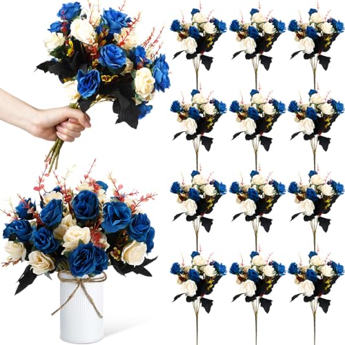 Hotop 12 Bunches of Artificial Flowers Centerpiece 13 Inches Silk Fake Roses Bouquets for Table Decoration Faux Arrangement Flowers for Wedding Cemetery Memorial Day (Dark Blue)