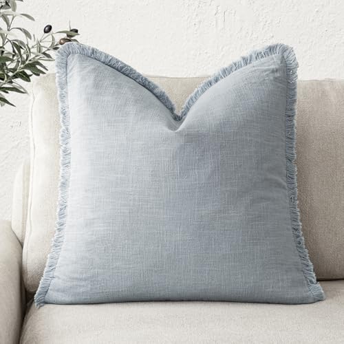 Foindtower Decorative Linen Fringe Throw Pillow Covers Cozy Boho Farmhouse Cushion Cover with Tassels Soft Accent Pillowcase for Chair Sofa Bed Living Room Home Decor, 16??16 Inch,1PC,Sky Blue