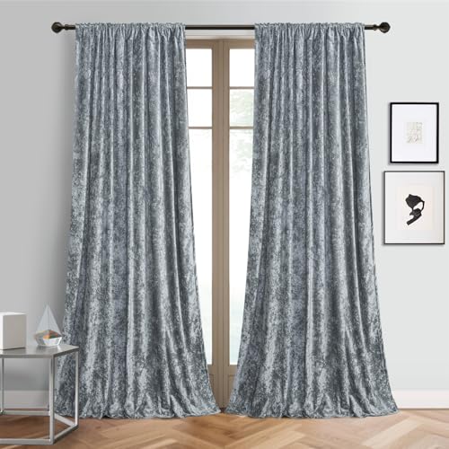 Luxe Grey Crushed Velvet Curtains for Living Room 96 inches Long Blackout Curtains for Bedroom Grommet Privacy Thermal Insulated Window Drapes for Sliding Glass Door, W52 by L96 inches, 2 Panels