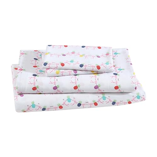Printed Soft Microfiber Queen 4-Piece Sheet Set, Flamingo Pineapple - Durable soft 100% polyester microfiber set includes 1 flat sheet, 1 fitted sheet and 2 standard pillowcases