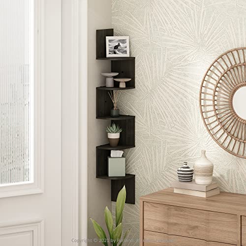 Furinno ROSSI 5-Tier Floating Corner Shelf for Wall, Corner Zigzag Shelf Wall Mounted, Radial Wall Mount Shelves, for Home Office, Living Room, Bedroom, Bathroom, Espresso
