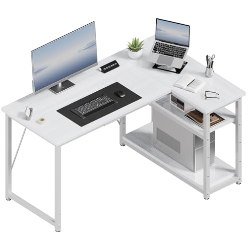JUMMICO L Shaped Desk 120x80cm with Storage, Corner Computer Desk with Reversible Shelf, Sturdy Office Desk & Workstations for Home Office, White