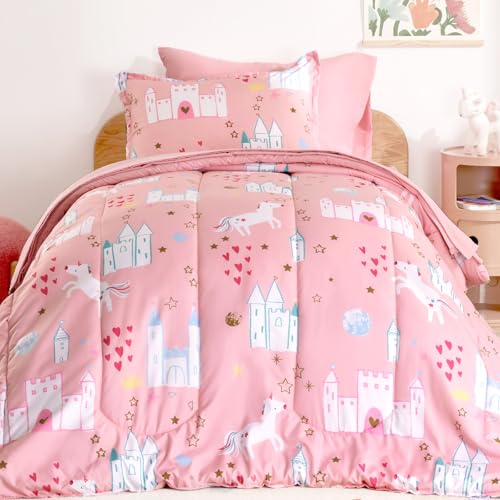 SLEEP ZONE Kids Twin Bedding Comforter Set - Super Cute & Soft Kids Bedding Bed in a Bag 5 Pieces Set with Comforter, Sheet, Pillowcase & Sham (Unicorn Castle)