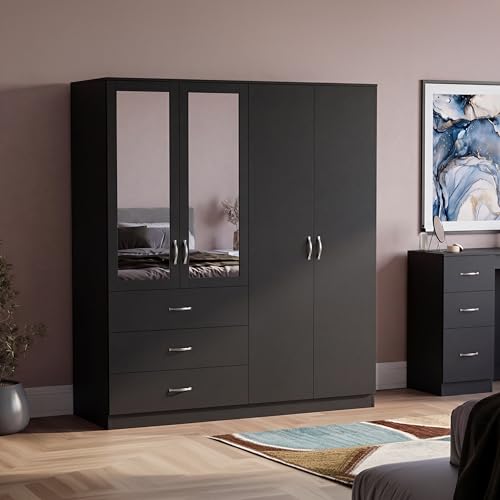 Vida Designs Riano 4 Door 3 Drawer Mirrored Wardrobe - Black - Modern Bedroom Furniture - 175H x 154W x 54D cm - With Storage Shelf & Hanging Rail - Large Capacity Storage