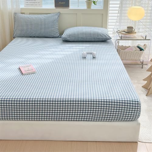 "Blue Gingham King Fitted Sheet Soft 100% Washed Cotton Grid Bottom Sheet with 15"" Deep Pocket 1 Piece Plaid Fitted Sheet Blue Gingham Bedding Farmhouse Comfortable and Breathable Mattress Cover"