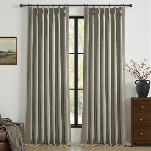 "Grey Green Blackout Linen Curtains 96 Inches Long for Living Room Bedroom, Pinch Pleated Boho Light Drapes Viral Window Curtain with Pinch Pleat Clips Thermal Insulated for Winter (40""Wx96""Lx2Panels)"