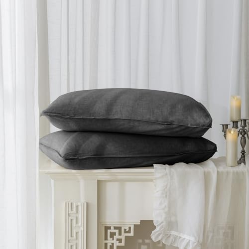 EVERLY 100% Linen Pillowcases Set of 2, Envelope Overlap Closure French Natural Washed Flax Pillowcases 20x36inches-Dark Grey