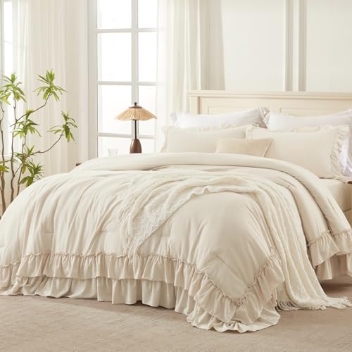 Andency Ruffle Oversized Queen Comforter Set, Beige, 3 Pieces - Shabby Chic Farmhouse Bedding Set, Lightweight Soft Comforter Set 98x98 for Girls Women (1 Comforter 2 Pillowcases)