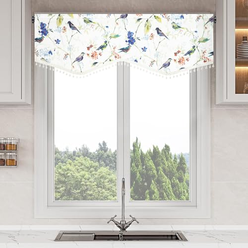 VOGOL Country Style Valances for Windows, Short Blue Bird Pattern Privacy Scalloped Valance Curtains for Living Room, Decorative Window Topper with Shining Beads, 52x16, 1 Piece