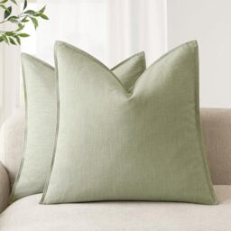Foindtower Pack of 2, Decorative Linen Solid Throw Pillow Covers Soft Accent Cushion Case Boho Farmhouse Pillowcase for Chair Couch Sofa Bedroom Living Room Home Decor 16 x 16 Inch Light Sage Green