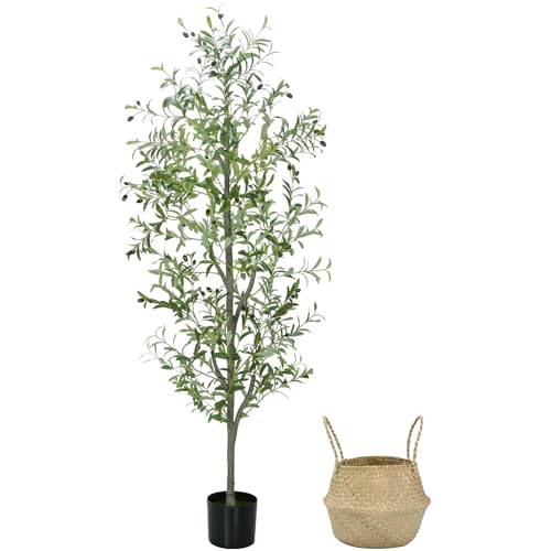 "Liyarya Faux Olive Tree 6FT Silk Plant Artificial Indoor, 6 FT Fake Potted Olive with Wicker Basket Planter, Tall Artificial Olive Trees with Natural Wood Trunk & Fruits for Home Office, 6 Feet (72"")"