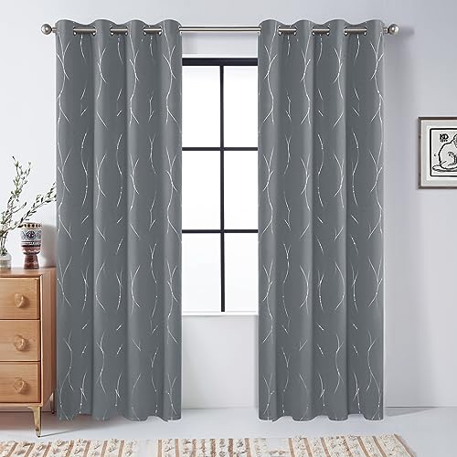 BUHUA Blackout Curtains for Bedroom 2 Panels Set, Grommet Thermal Insulated Room Darkening Window Curtains & Drapes with Wave Line and Dots Printed for Living Room, 52W x 63L Inch, Light Grey