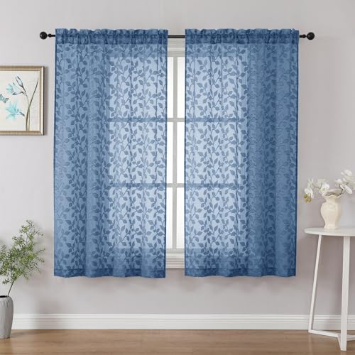 "Chyhomenyc Dusty Blue Short Curtains 45 Inch Length 2 Panels, Light Filtering Leaf Textured Window Curtain Panels for Bedroom Living Room, Elegant Rod Pocket Farmhouse Curtains, 30"" Wx45 L, 2 PCS"