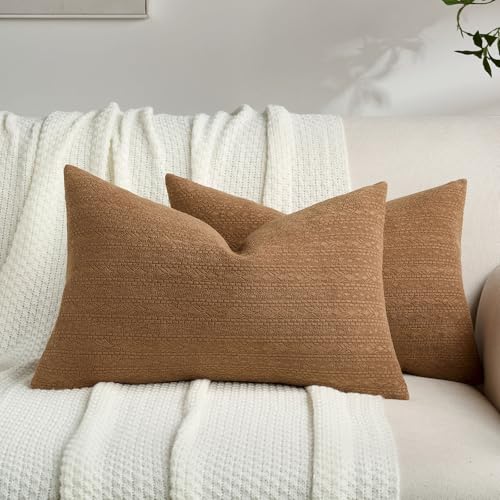 FUTEI Pack of 2 Solid Chenille Throw Pillow Covers 12x20 Inch Soft Farmhouse Decorative Accent Lumbar Pillowcases Modern Home Decor for Couch Living Room, Tobacco
