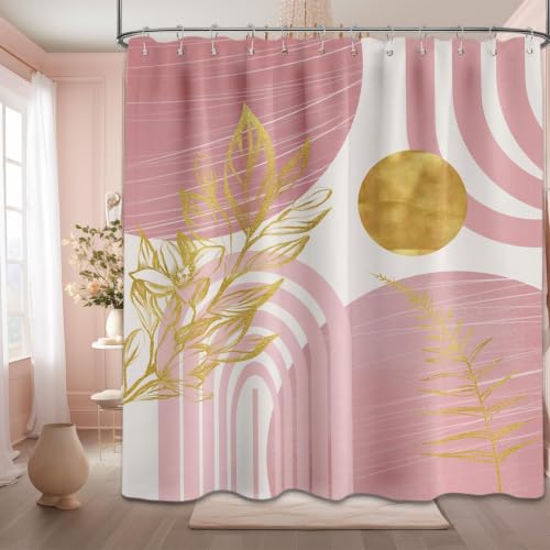 Light Pink and Gold Shower Curtain, 72x72 in, Mid Century Modern Girls - Blush Cute Mauve Theme, Boho Pattern Design, Abstract Girly MCM Bathroom Decor, Waterproof Polyester Fabric, with Hooks
