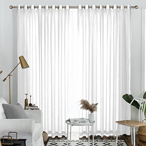 Melodieux White Semi Sheer Curtains 108 Inches Long for Living Room, Bedroom Extra Long Linen Look Rustic Grommet Voile Drapes, 52 by 108 Inch (2 Panels)