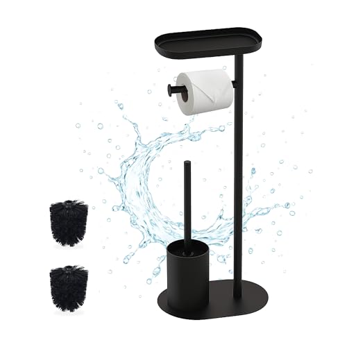 Relaxdays toilet set, HWD: 67 x 23 x 17 cm, freestanding toilet paper holder, toilet brush, shelf, 2 heads, black