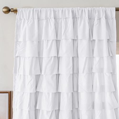 Kotile White Ruffled Curtain for Bedroom Gypsy Layered 52x54 Inch 1 Panel - Rod Pocket Hangs Pleats, Supple Cloth Comfort, Tempers Bright Sun, Fresh Cottage Charm, Compact Openness, Privacy