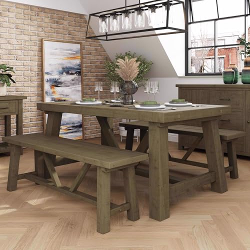 FWStyle Solid Reclaimed Pine Dining Table Set 1.6m with Extension Leaf, Farmhouse Dining Set with 2 x 140cm Benches, Rustic Natural Wood Kitchen Dining Furniture