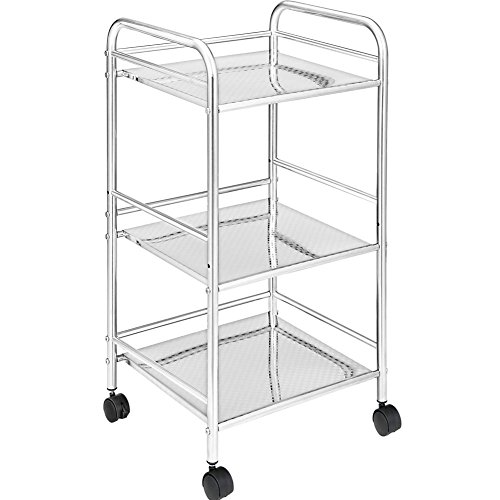 BAKAJI Chrome Steel Storage Trolley for Bathroom Kitchen Hairdresser or Beautician 4 Wheels Swivel 3 Shelves Dimensions 40 x 35 x 75 cm, Multifunction Trolley 3 Levels (Steel)