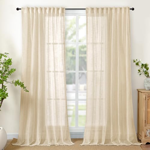 YoungsTex Burlap Linen Semi Sheer Curtains for Farmhouse Living Room, Light Filtering Window Drapes Textured with Rod Pocket Back Tab for Bedroom, 2 Panels, 52 X 84 Inch
