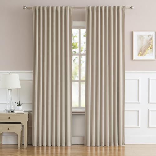 DUALIFE Warm Taupe Curtain 96 Inches Long for Bedroom/Living Room Thermal Insulated Blackout Back Tab and Rod Pocket Dining Room Curtains Drapes 2 Panels - Taupe Tan,W52 x L96