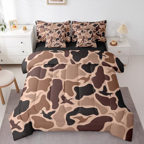 Erosebridal Duck Huner 7 Piece Bedding Set Full Camo Comforter Set with Sheets Rustic Hunting Army Bed in a Bag Woodland Camouflage Military Bed Sets Comforter