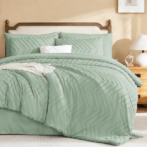 Litanika Super King Plus Comforter with Sheets, 7 Pieces Boho Bed Set - Sage Green Oversized Alaskan King Fluffy Lightweight Neutral Soft Warm Chevron Tufted Textured Bed Set