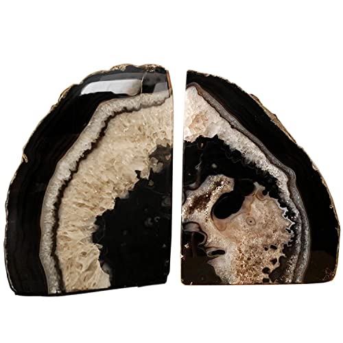 AMOYSTONE Geode Bookends Heavy Duty AgateStone Bookend Decorative Large Crystal Quartz Book Natural Black with Rubber Bumpers(1 Pair, 6-8 LBS)