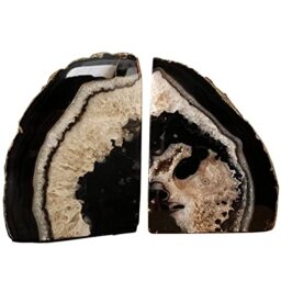 AMOYSTONE Geode Bookends Heavy Duty AgateStone Bookend Decorative Large Crystal Quartz Book Natural Black with Rubber Bumpers(1 Pair, 6-8 LBS)