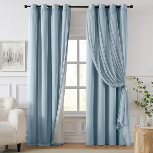 "Swandream 100% Blackout Curtains for Bedroom, Double Layer Blue Curtains, Black Out Curtain 108 inch Long with Sheer Overlay for Living Room, Room Darkening Window Drapes with Grommet, 52"" W x 108"" L"
