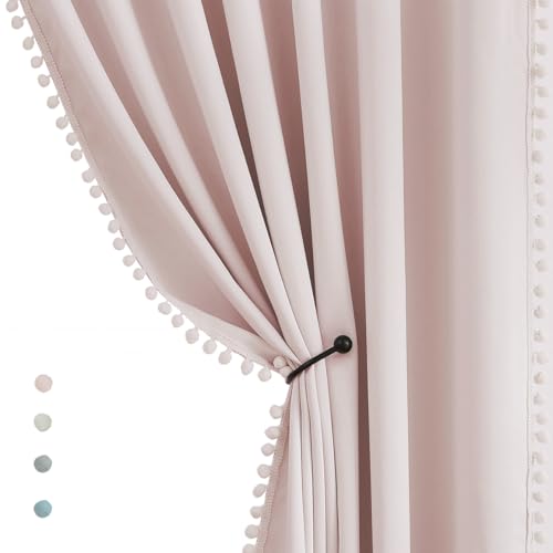 "Pompom Blackout Curtains for Bedroom Pink Girls 84 inch Energy Efficient Thermal Insulated Living Room Darkening Curtain Panels for Kitchen Nursery Room 52"" w x2 Panels Rod Pocket"
